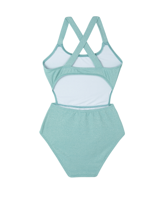 Back View Of Sparkles Cut Out Cross Strap One Piece  | turquoise
