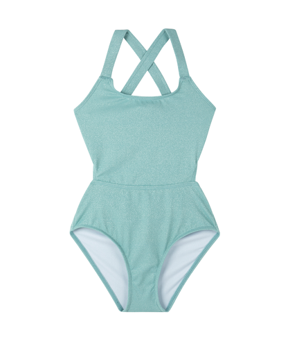 Front View Of Sparkles Cut Out Cross Strap One Piece  | turquoise
