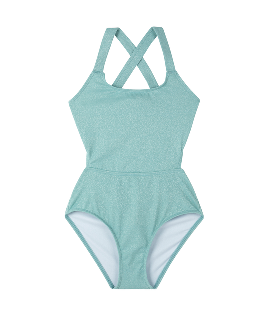 Front View Of Sparkles Cut Out Cross Strap One Piece  | turquoise
