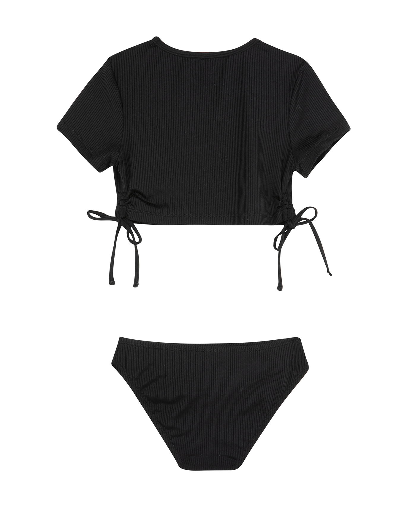 Back View Of Summer Rib Short Sleeve Side Tie Swim Set | summer-black