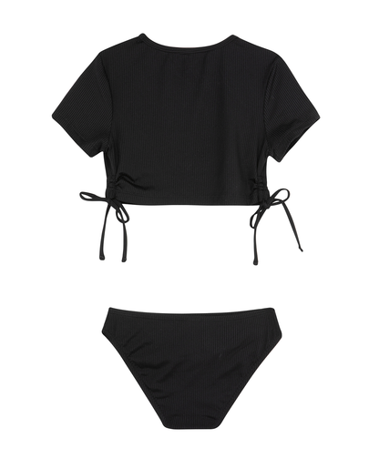 Back View Of Summer Rib Short Sleeve Side Tie Swim Set | summer-black