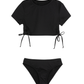 Front View Of Summer Rib Short Sleeve Side Tie Swim Set | summer-black
