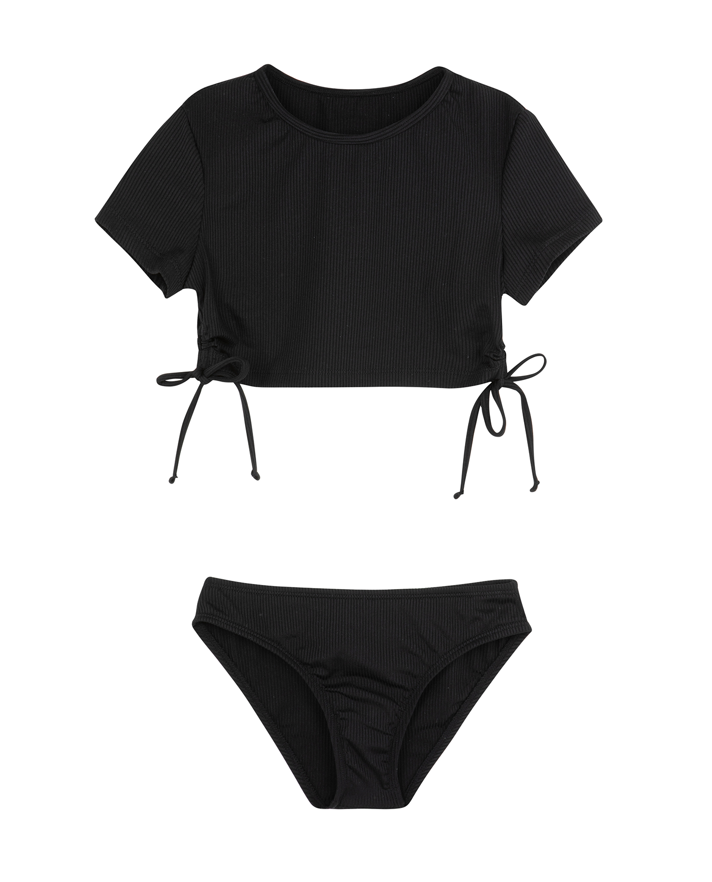 Front View Of Summer Rib Short Sleeve Side Tie Swim Set | summer-black
