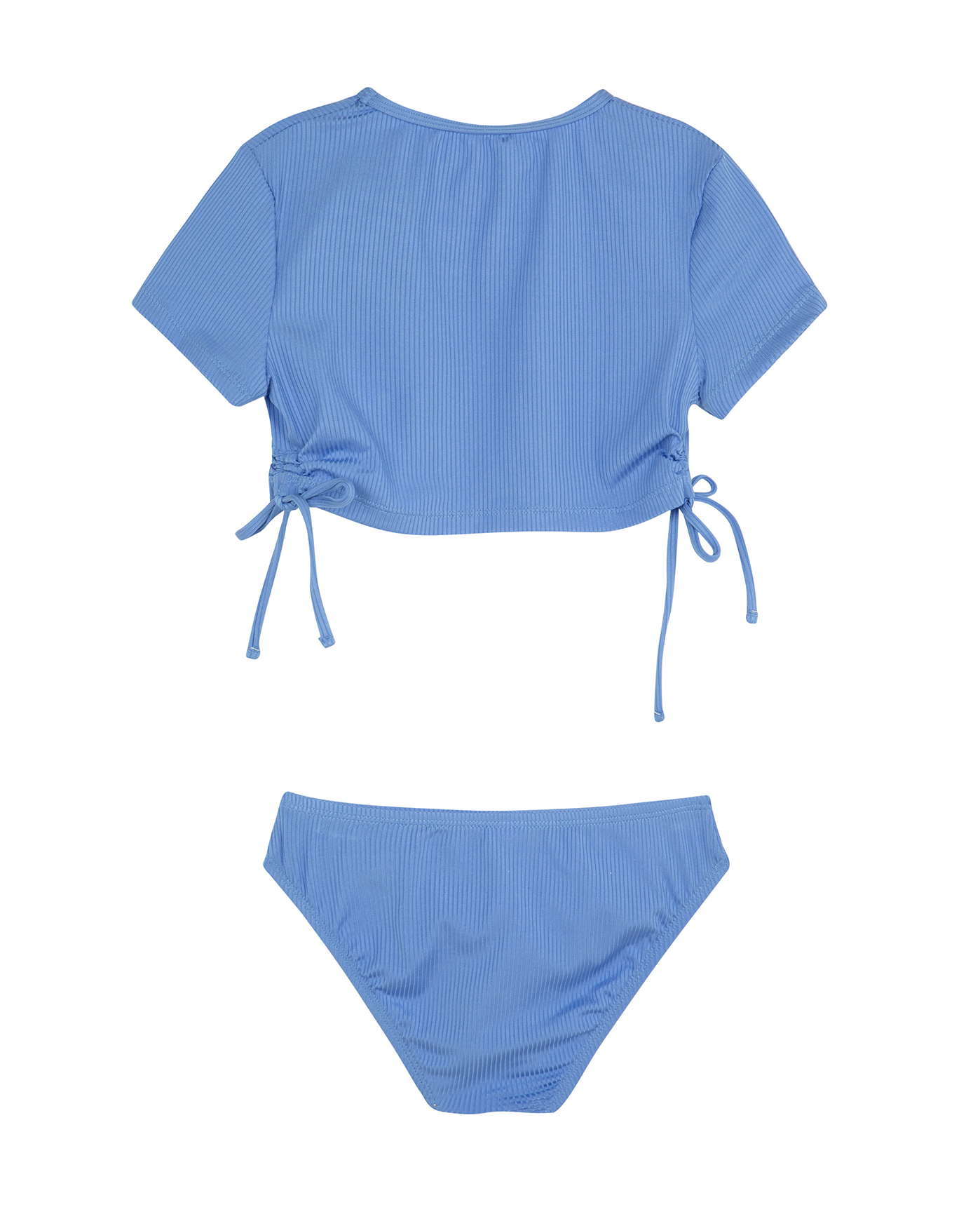 Back View Of Summer Rib Short Sleeve Side Tie Swim Set | blue
