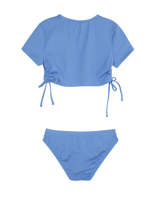 Back View Of Summer Rib Short Sleeve Side Tie Swim Set | blue
