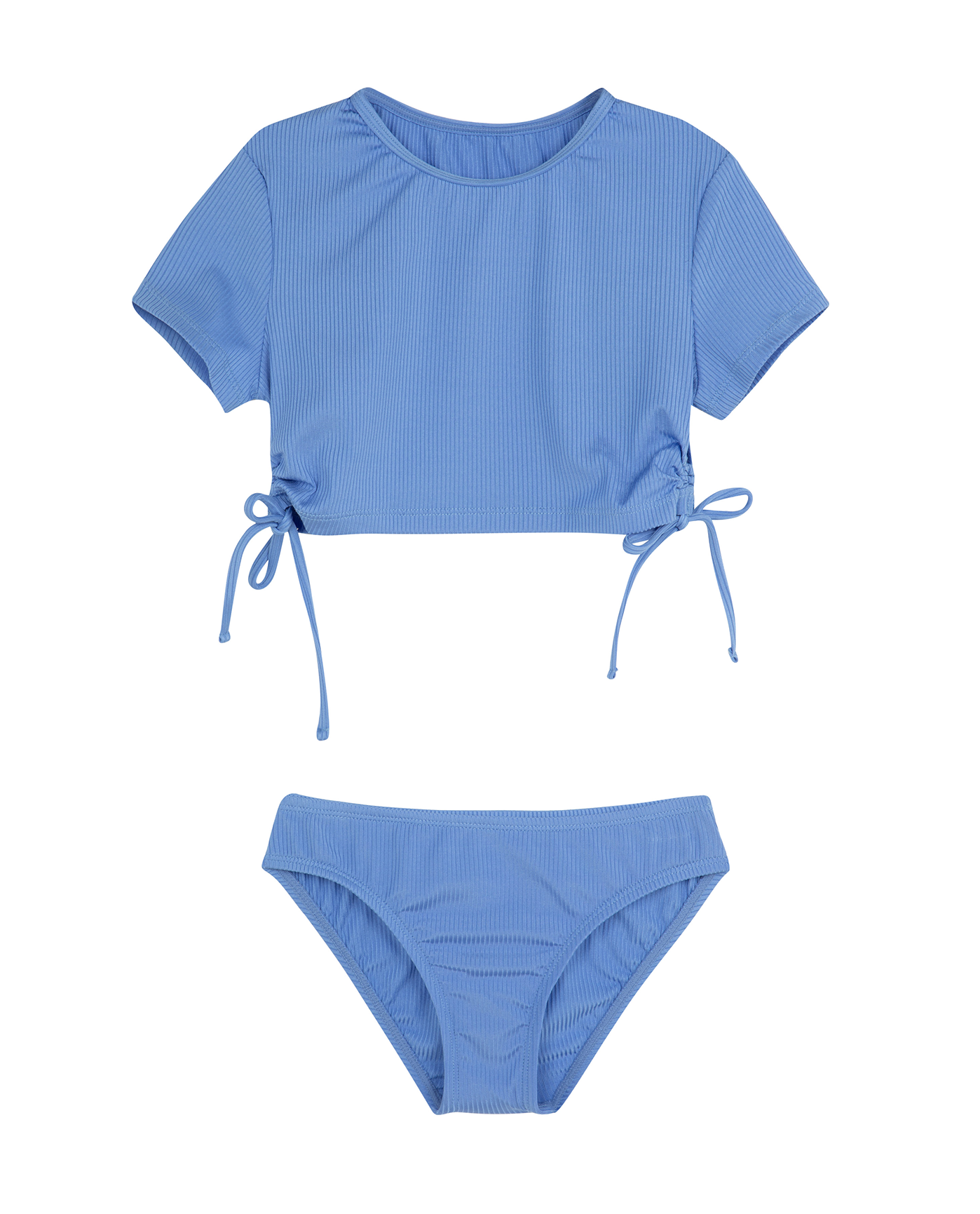 Front View Of Summer Rib Short Sleeve Side Tie Swim Set | blue
