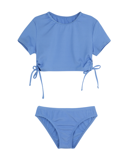 Front View Of Summer Rib Short Sleeve Side Tie Swim Set | blue

