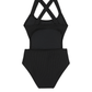 Back View Of Summer Rib Textured Cut Out Cross Strap One Piece  | summer-black
