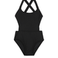 Front View Of Summer Rib Textured Cut Out Cross Strap One Piece  | summer-black
