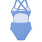Back View Of Summer Rib Textured Cut Out Cross Strap One Piece  | blue
