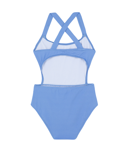 Back View Of Summer Rib Textured Cut Out Cross Strap One Piece  | blue
