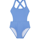 Front View Of Summer Rib Textured Cut Out Cross Strap One Piece  | blue
