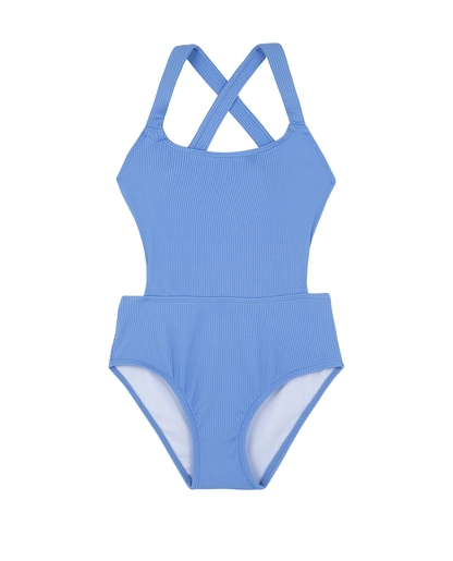 Front View Of Summer Rib Textured Cut Out Cross Strap One Piece  | blue
