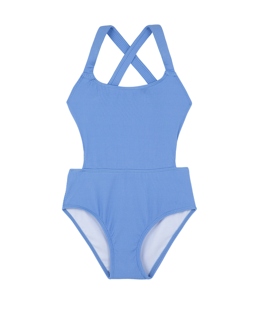 Front View Of Summer Rib Textured Cut Out Cross Strap One Piece  | blue
