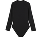 Back View Of Summer Rib Textured Long Sleeve Zip Front One Piece | summer-black
