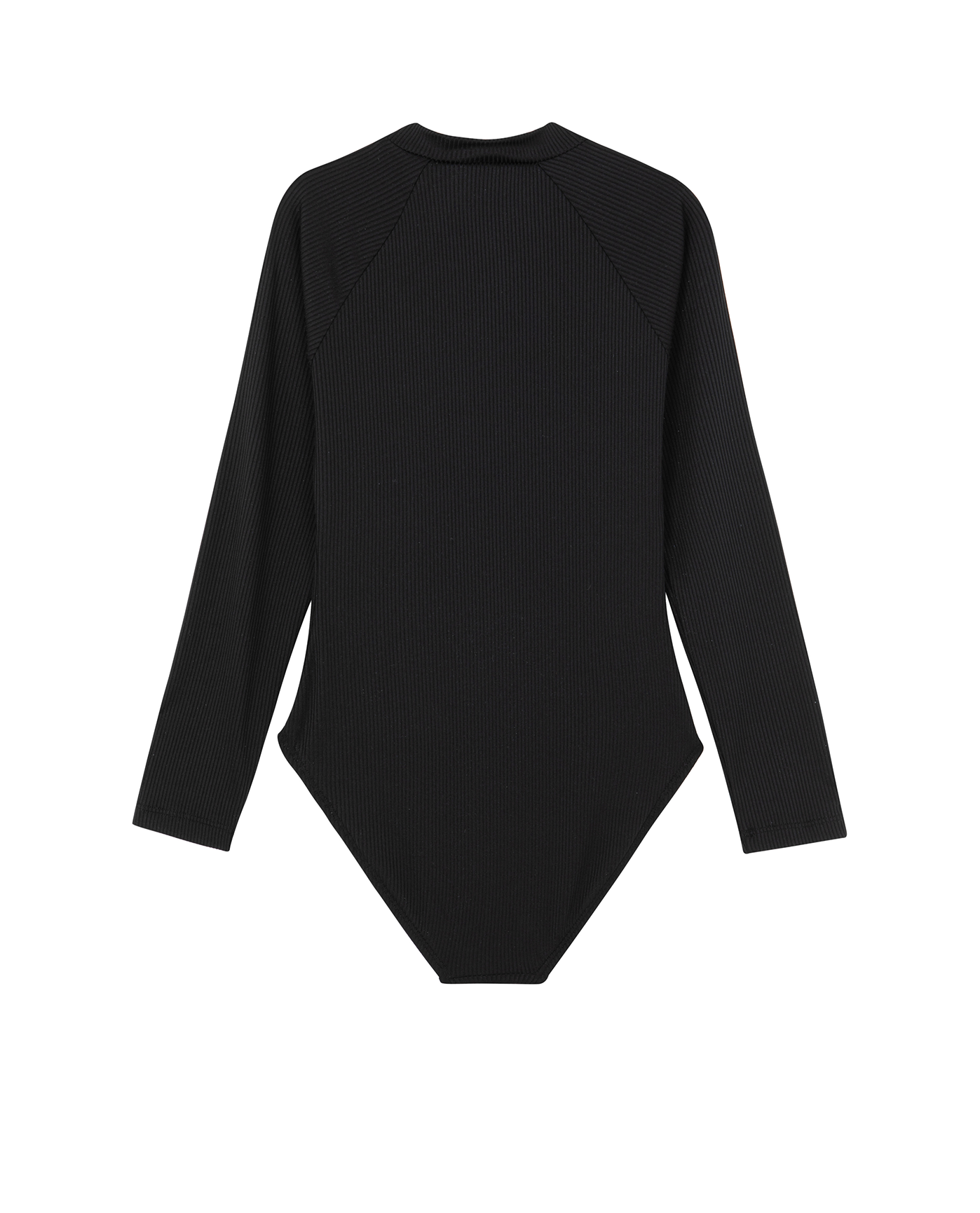 Back View Of Summer Rib Textured Long Sleeve Zip Front One Piece | summer-black