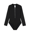 Summer Rib Textured Long Sleeve Zip Front One Piece