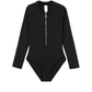 Front View Of Summer Rib Textured Long Sleeve Zip Front One Piece | summer-black
