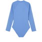 Back View Of Summer Rib Textured Long Sleeve Zip Front One Piece | blue
