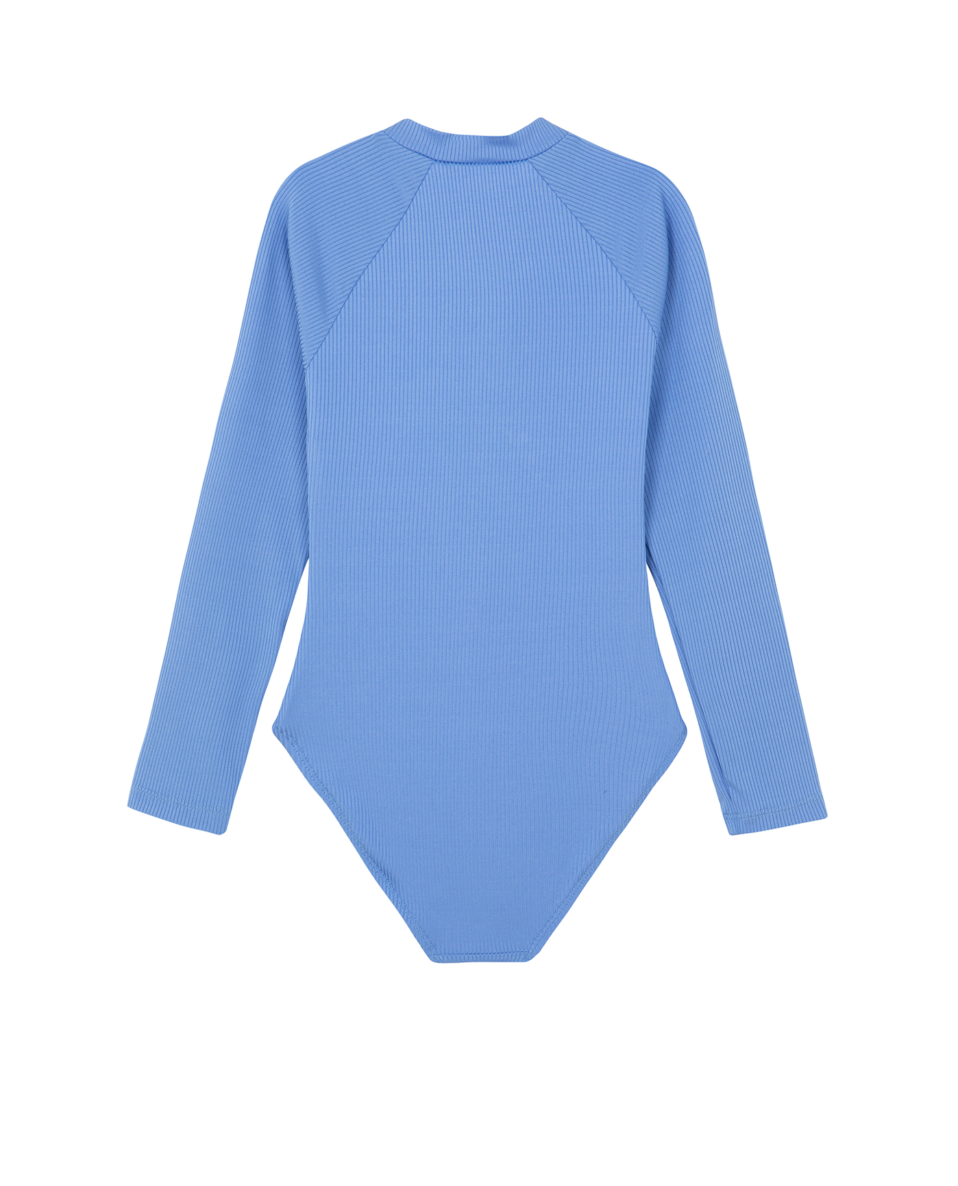 Back View Of Summer Rib Textured Long Sleeve Zip Front One Piece | blue
