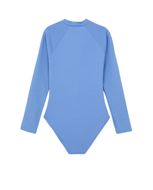 Back View Of Summer Rib Textured Long Sleeve Zip Front One Piece | blue
