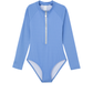 Front View Of Summer Rib Textured Long Sleeve Zip Front One Piece | blue
