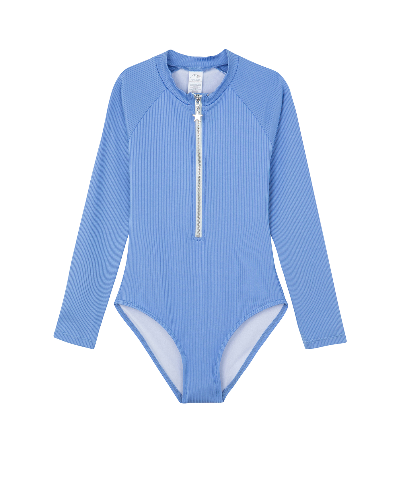 Front View Of Summer Rib Textured Long Sleeve Zip Front One Piece | blue
