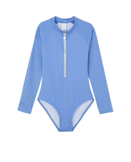 Front View Of Summer Rib Textured Long Sleeve Zip Front One Piece | blue
