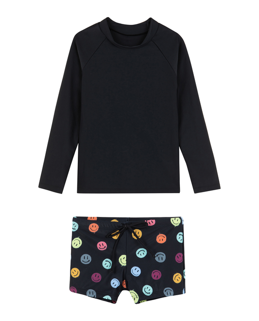 Front View Of Little Gents Long Sleeve Swim Short Set | little-gents-black

