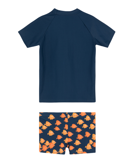 Back View Of Little Gents Short Sleeve Swim Short Set | little-gents-navy