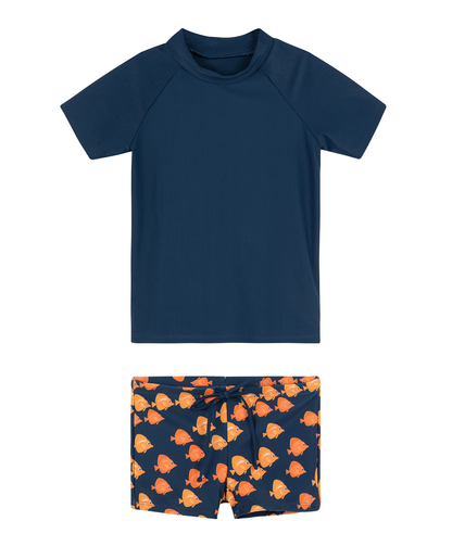 Front View Of Little Gents Short Sleeve Swim Short Set | little-gents-navy
