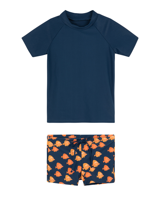 Front View Of Little Gents Short Sleeve Swim Short Set | little-gents-navy
