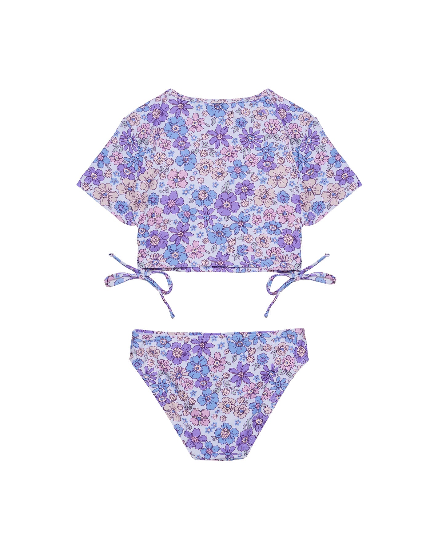 Vintage Flower Short Sleeve Side Tie Swim Set-Multi/viol
