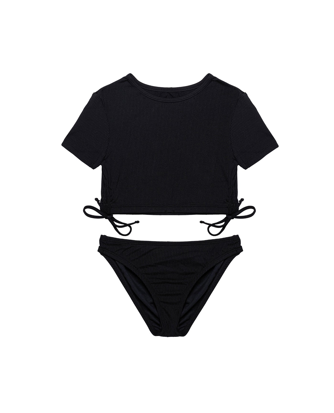 Freya Rib Short Sleeve Side Tie Swim Set-Black