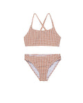 Forever Gingham Textured Criss Cross Strap Swim Set-Brown