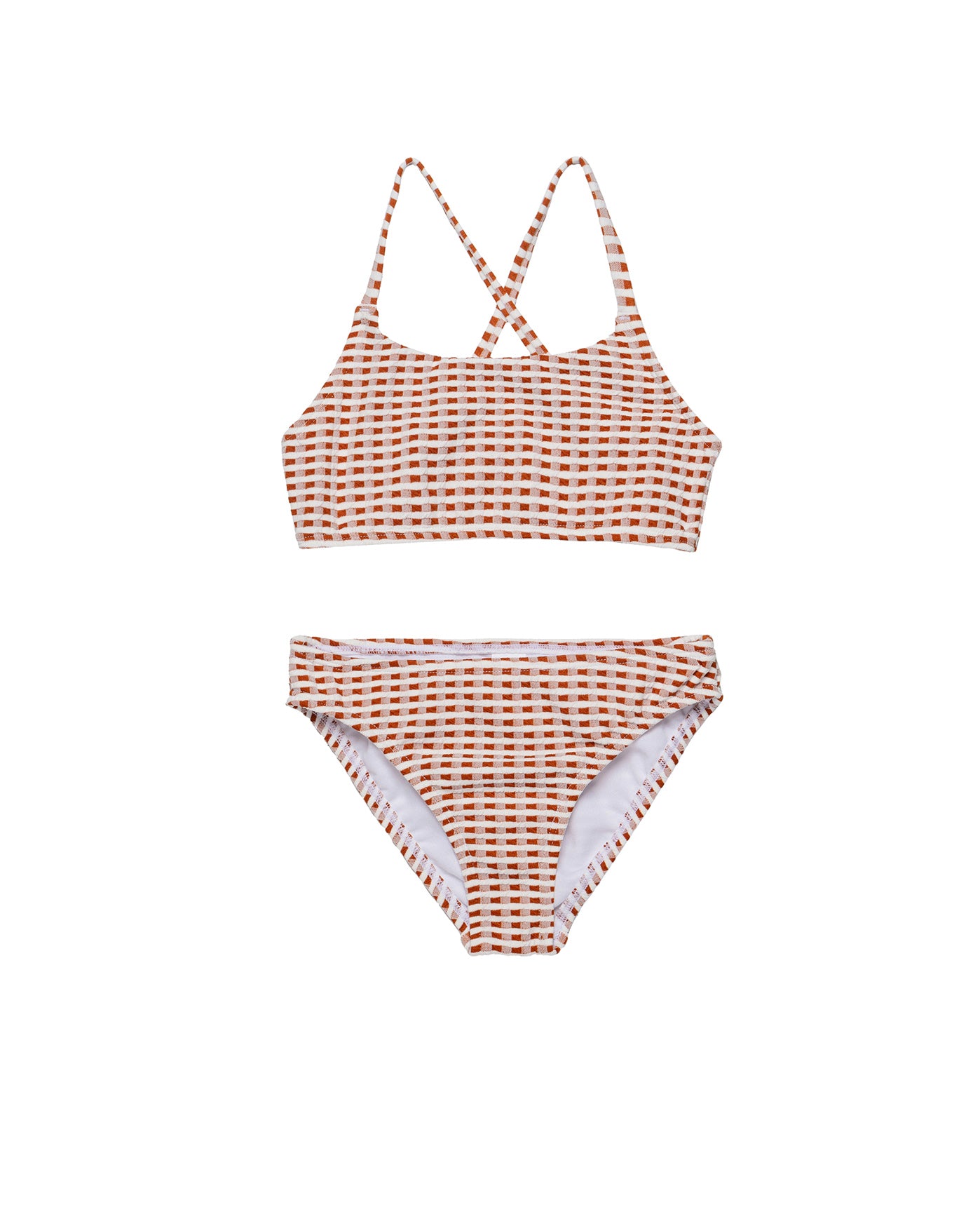 Forever Gingham Textured Criss Cross Strap Swim Set-Brown