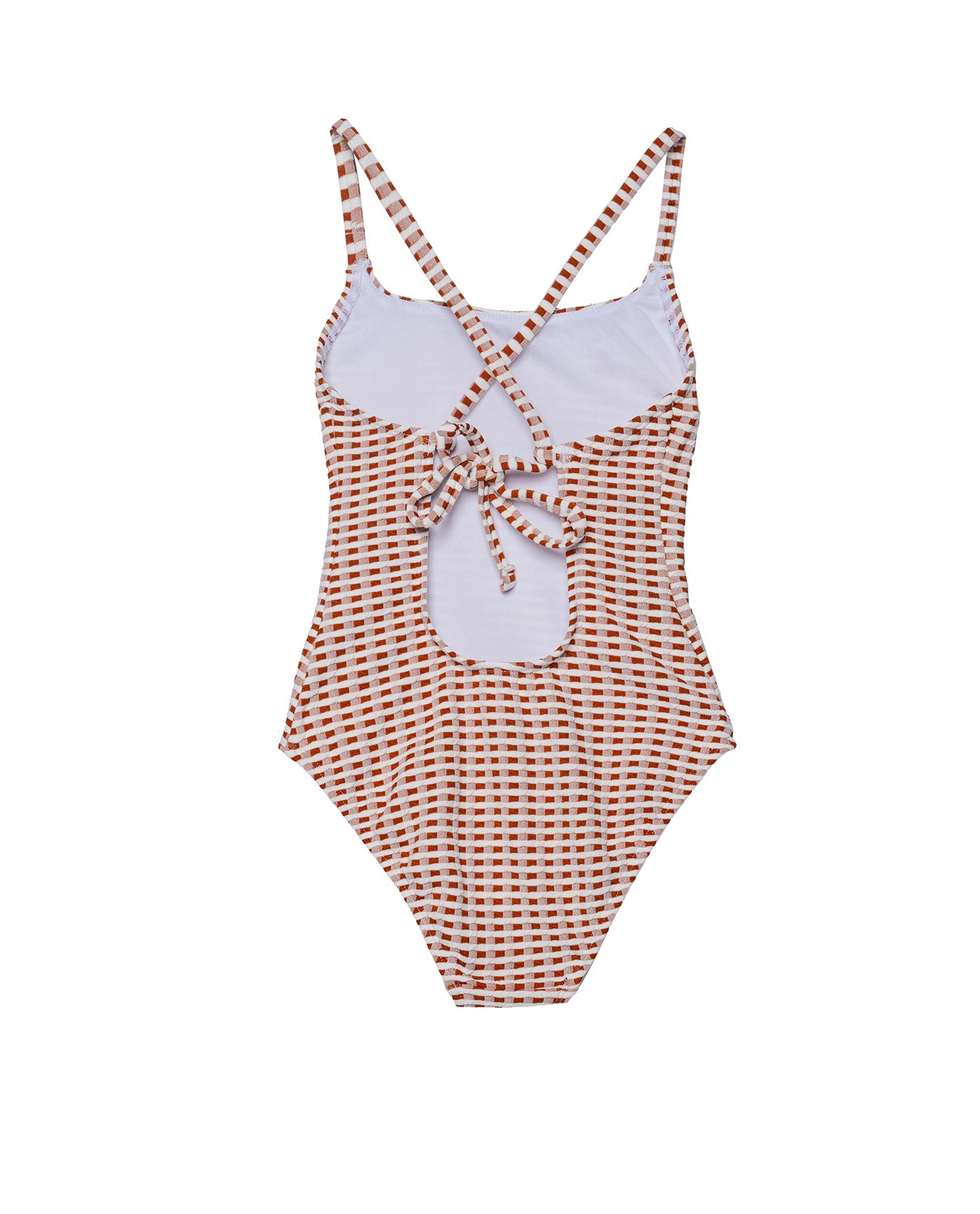 Forever Gingham Textured Criss Cross Back Adjustable One Piece-Brown