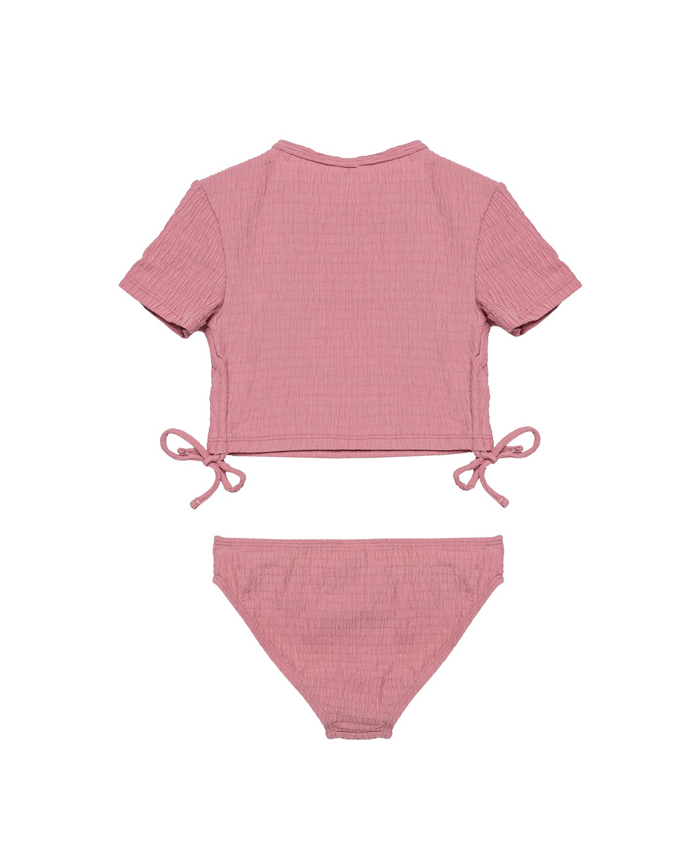 Neapolitan Textured Short Sleeve Side Tie Swim Set-Pink