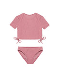 Neapolitan Textured Short Sleeve Side Tie Swim Set-Pink
