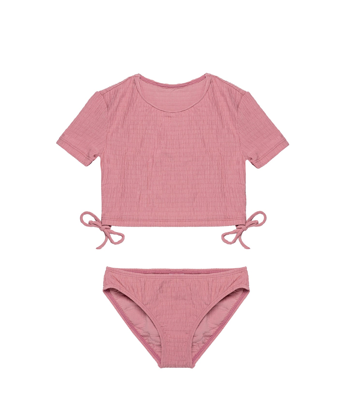 Neapolitan Textured Short Sleeve Side Tie Swim Set-Pink