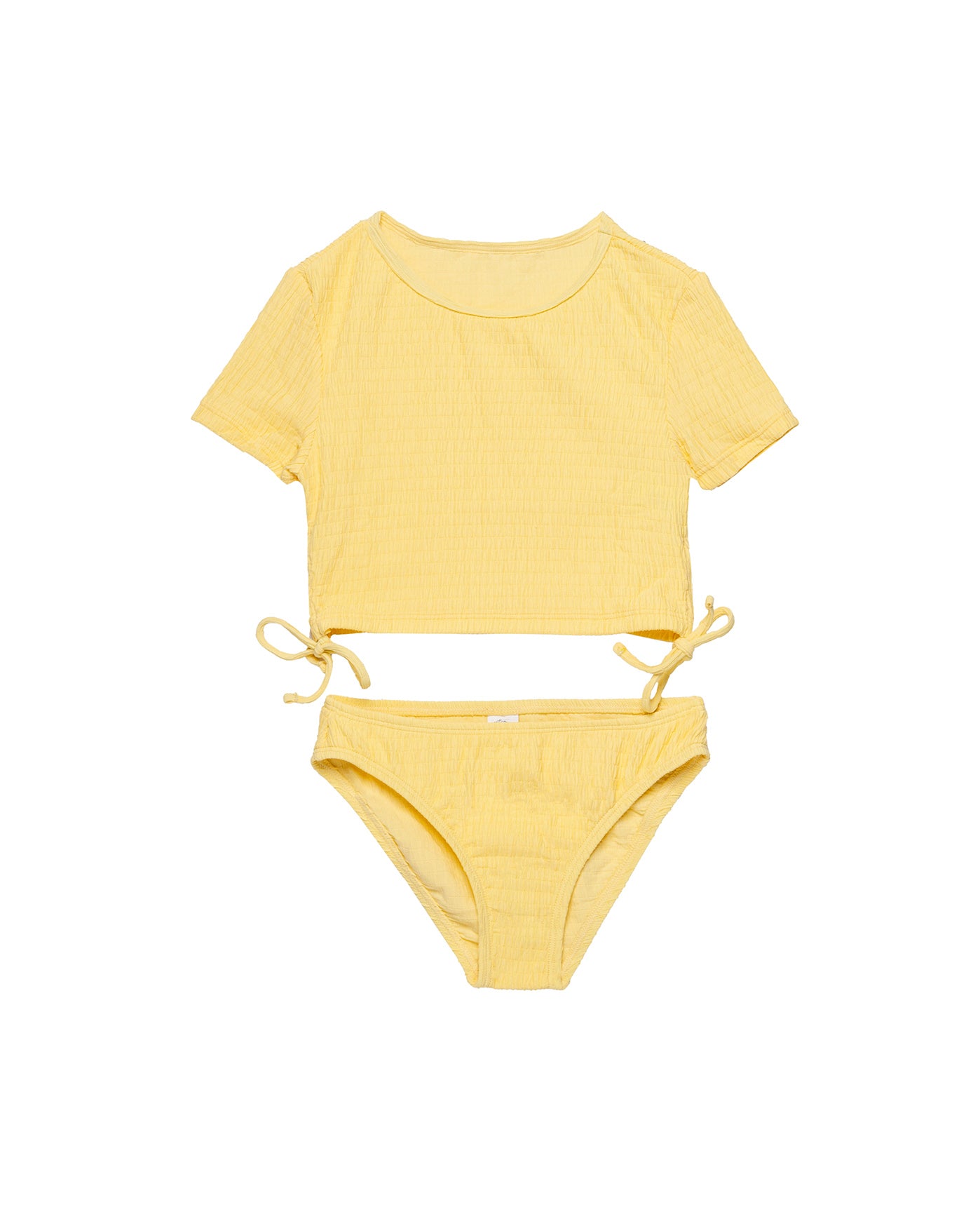 Neapolitan Textured Short Sleeve Side Tie Swim Set-Yellow