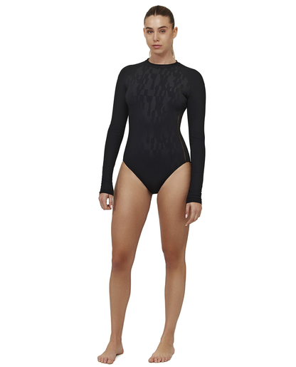 Front View Of Ocean's Eleven Long Sleeve One Piece | multi-black
