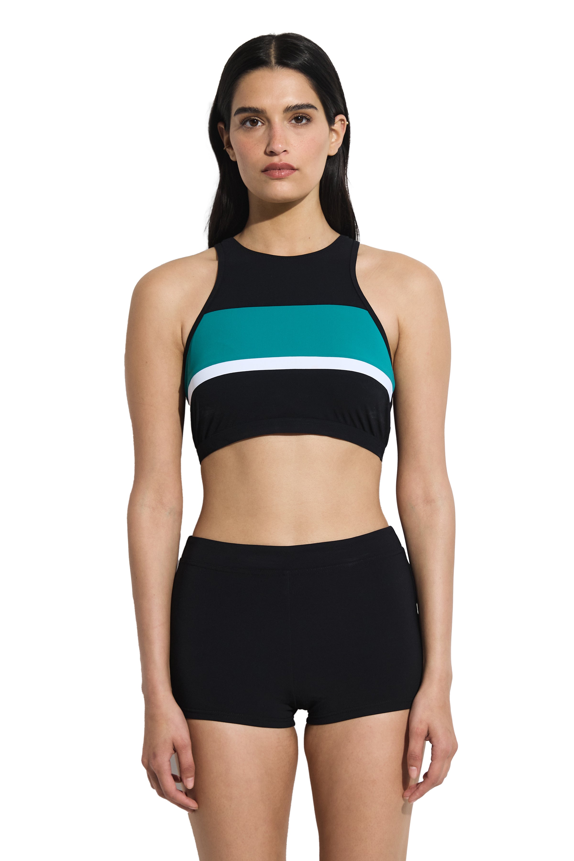 Front View Of Aqua Chic High Neck Bikini Top | black-green
