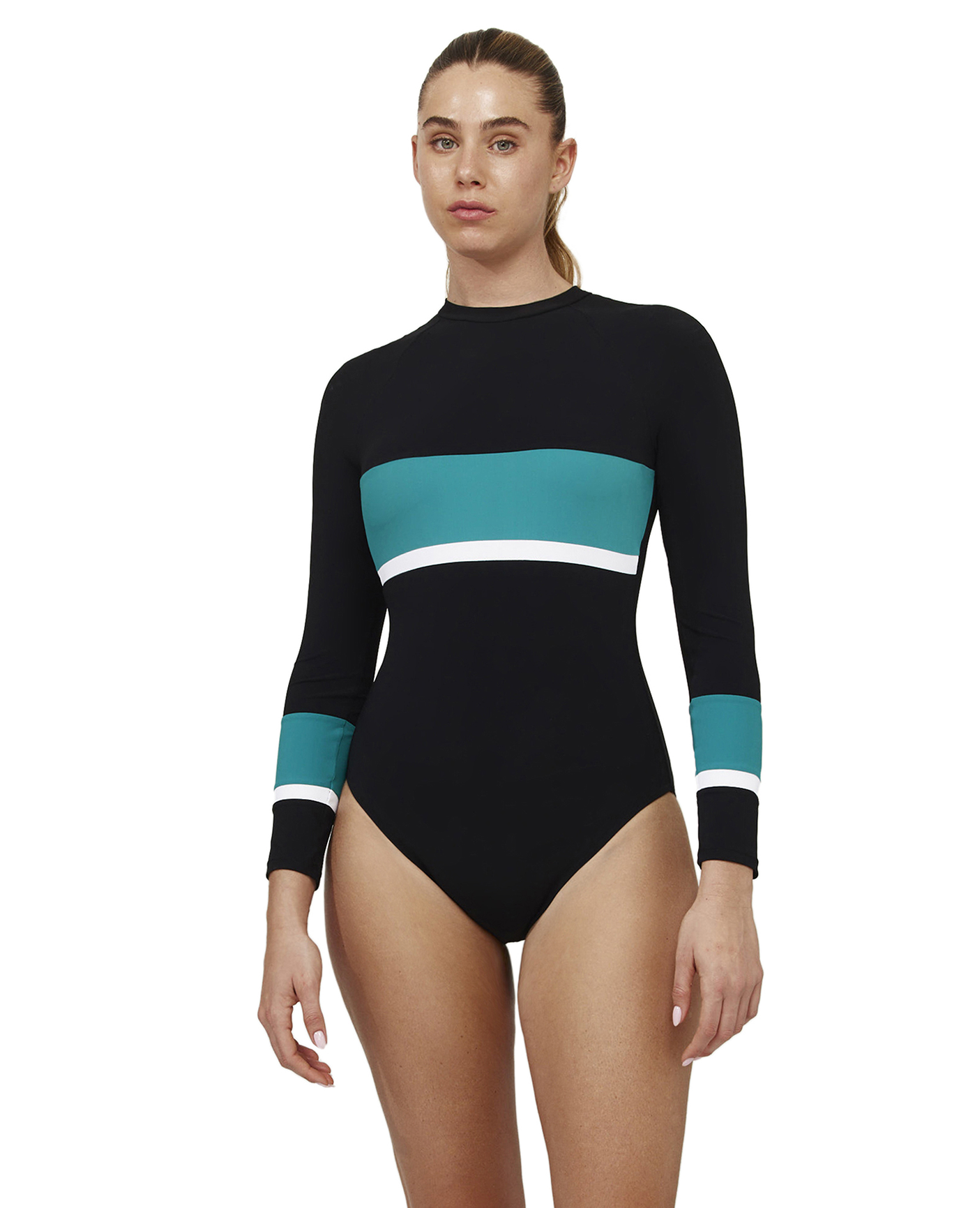 Front View Of Aqua Chic Long Sleeve One Piece | black-green
