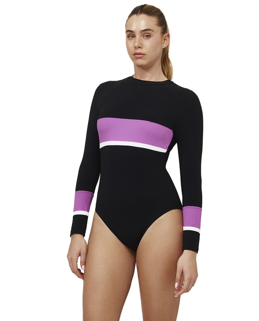 Front View Of Aqua Chic Long Sleeve One Piece | aqua-purple