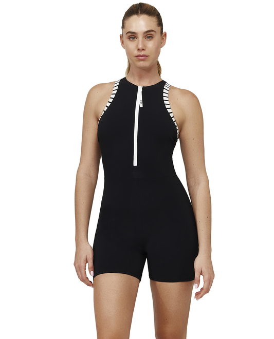 Front View Of Coco High Neck Swim Romper | black-white
