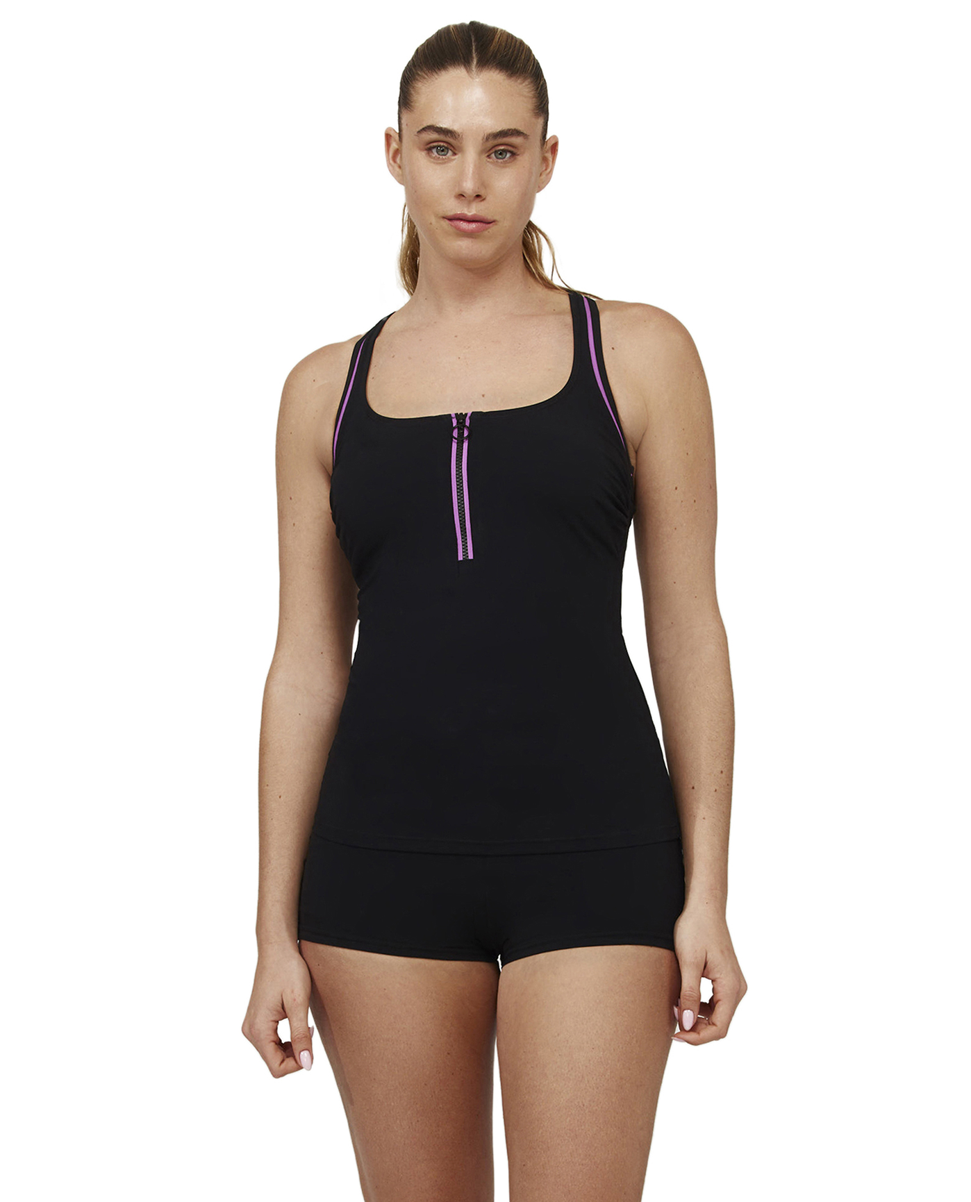 Front View Of Duke Scoop Neck Tankini Top  | duke-purple