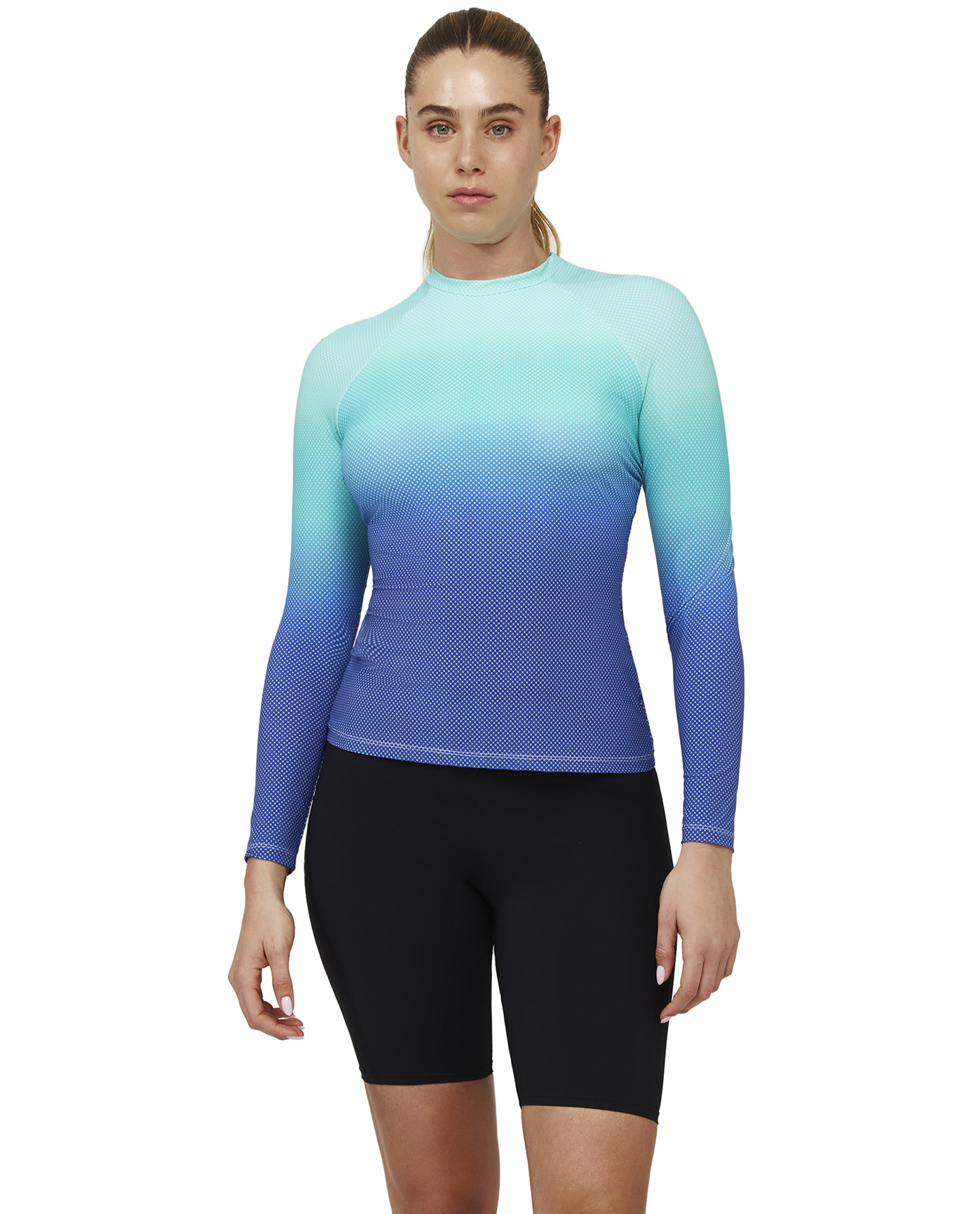 Front View Of Nixi Long Sleeve Rash Guard Swim Top | multi-green
