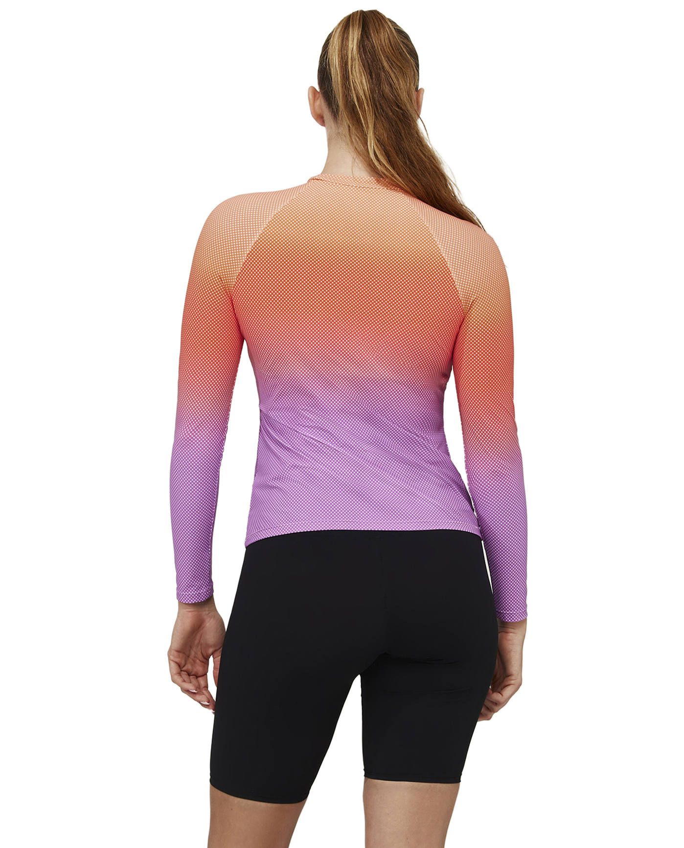 Back View Of Nixi Long Sleeve Rash Guard Swim Top | multi-orange