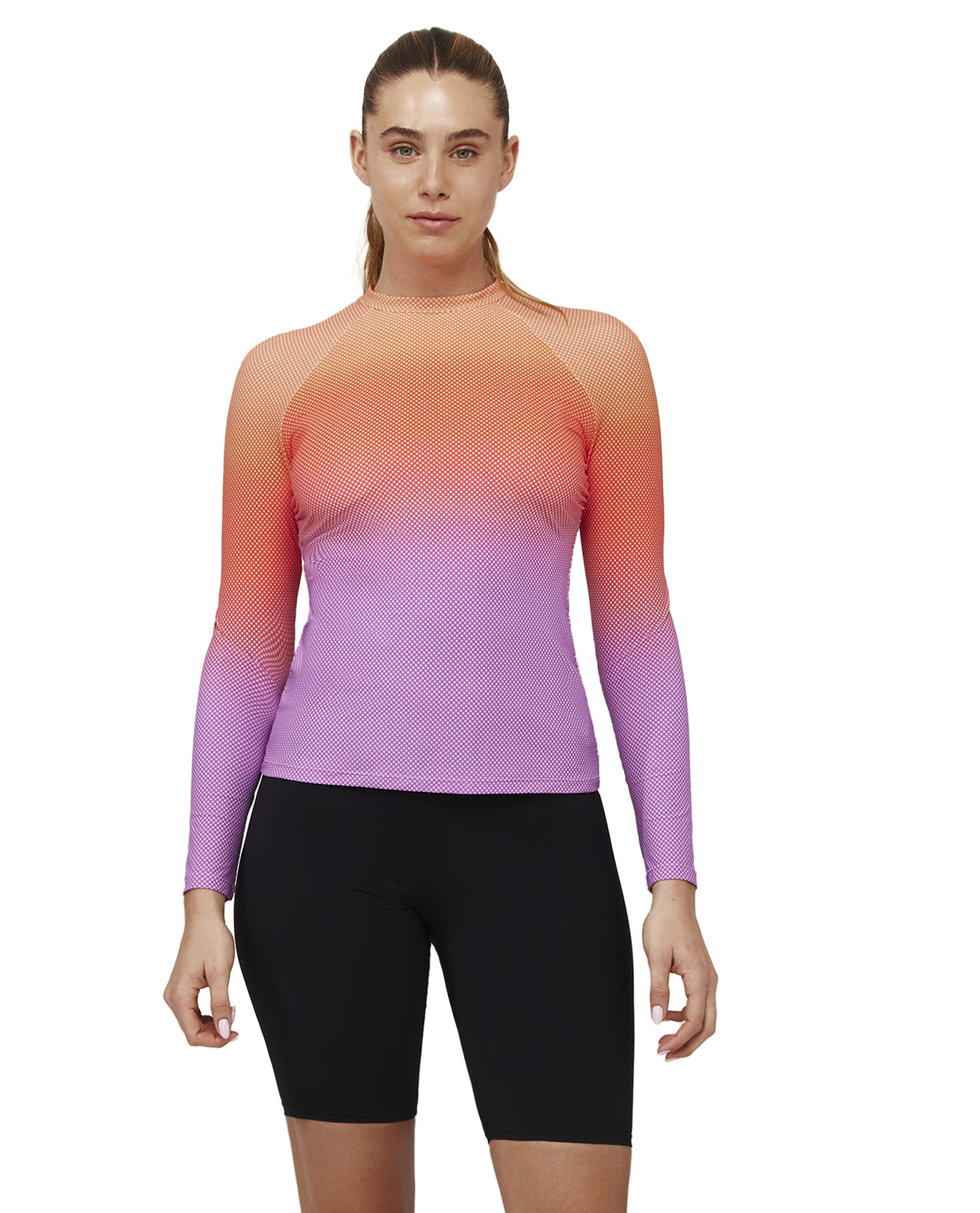 Front View Of Nixi Long Sleeve Rash Guard Swim Top | multi-orange